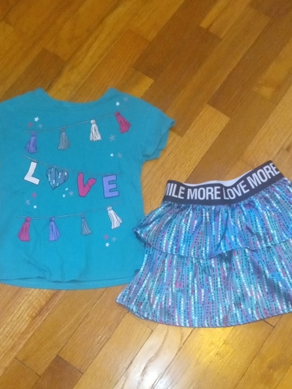 Turquoise "LOVE" Tassel Graphic Tee and Ruffle Skort girl 4